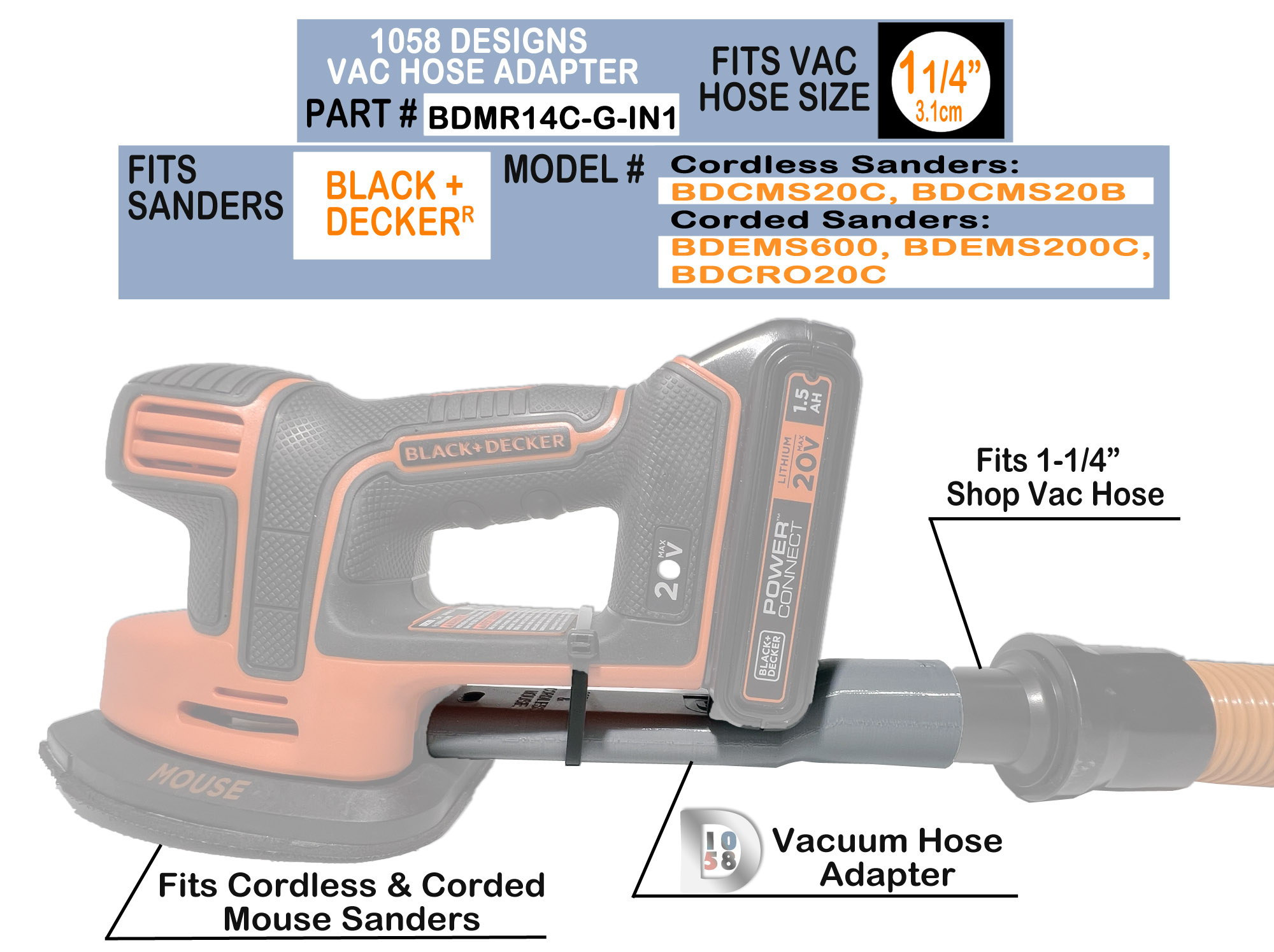 Compatibility 1-25 Shop Vacuum Hose Adapter BLACK DECKER Mouse Detail CORDLESS Sander BDCMS20C BDCMS20B Vac Dus Collector