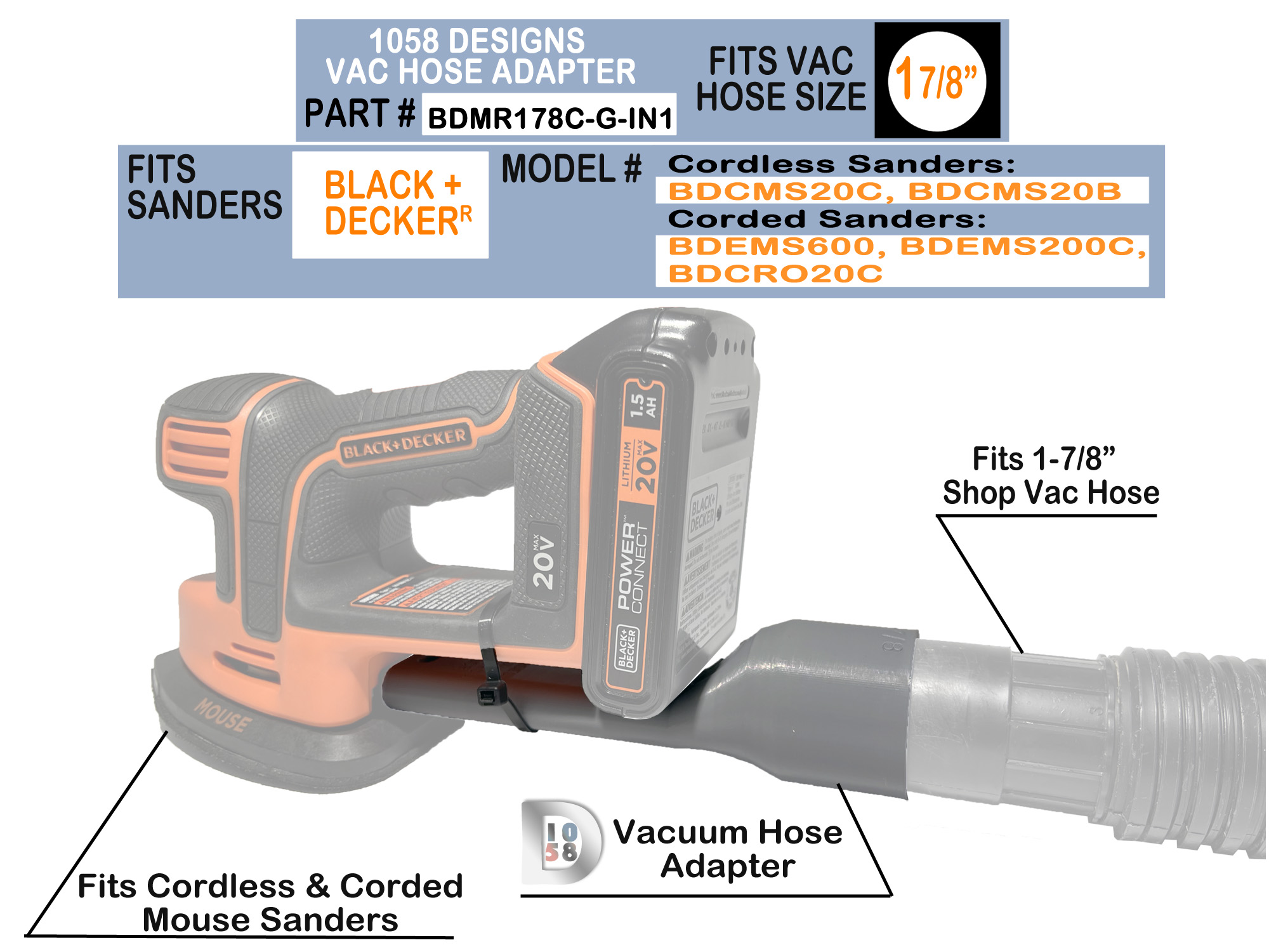 Compatibility 1-78 Shop Vacuum Hose Adapter BLACK DECKER Mouse Detail CORDLESS Sander BDCMS20C BDCMS20B Vac Dus Collector