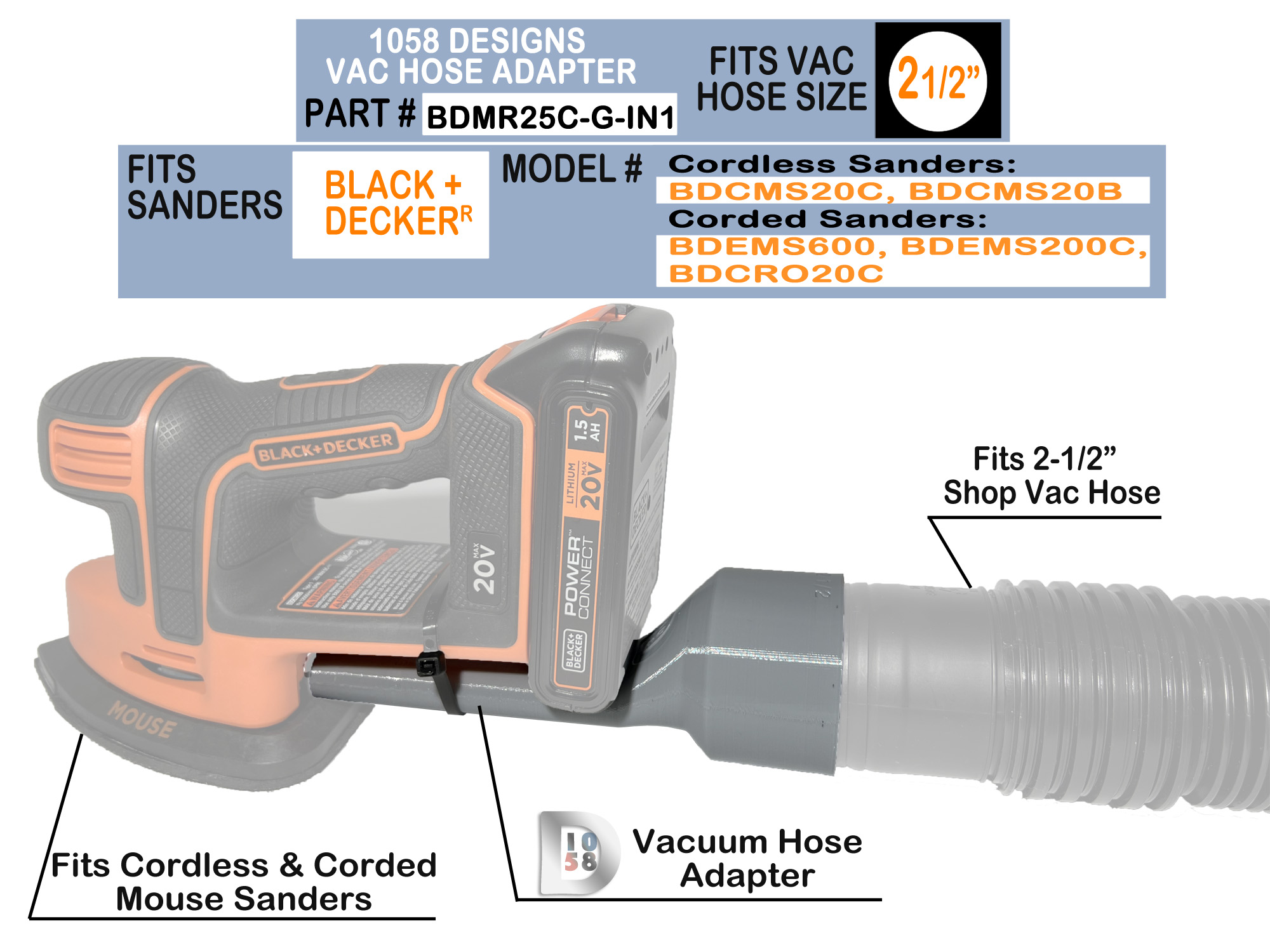 Shop Vacuum Hose Adapter for BLACK+DECKER Mouse Detail Cordless Sander BDCMS20C BDCMS20B and Corded Sander BDEMS600 BDEMS200C BDCRO20C Dust Reducer Collector 1-1/4 in 1-7/8 in 2-1/2 in - Image 2